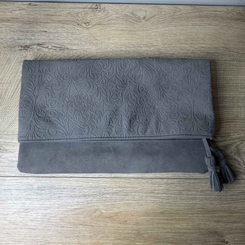 ION Color Brilliance Majestic Gray Embossed Foldover‎ Clutch Tassel Purse Bag